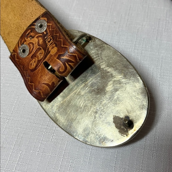 Leather Tooled belt, Abalone inlayed buckle, Mexico - Picture 2 of 11